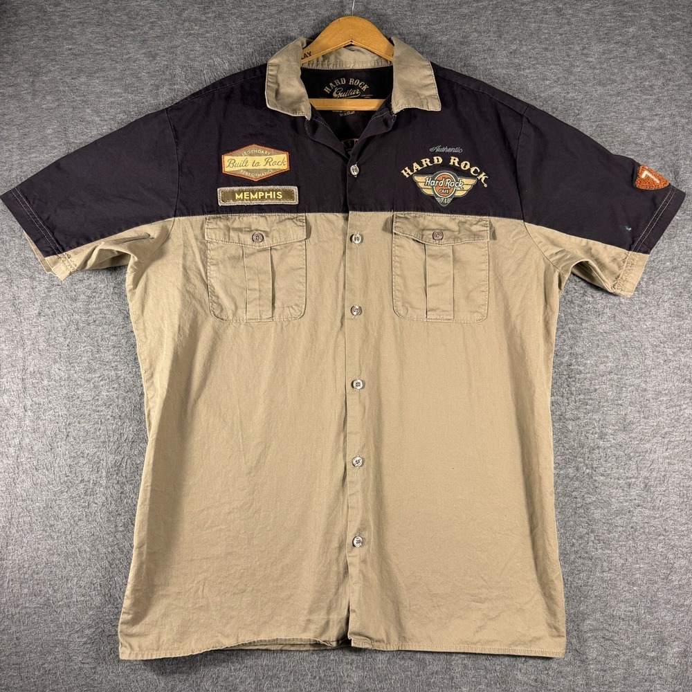 Hard Rock Guitar Company Mens L Shirt Button Front Brown Memphis TN Embroidered
